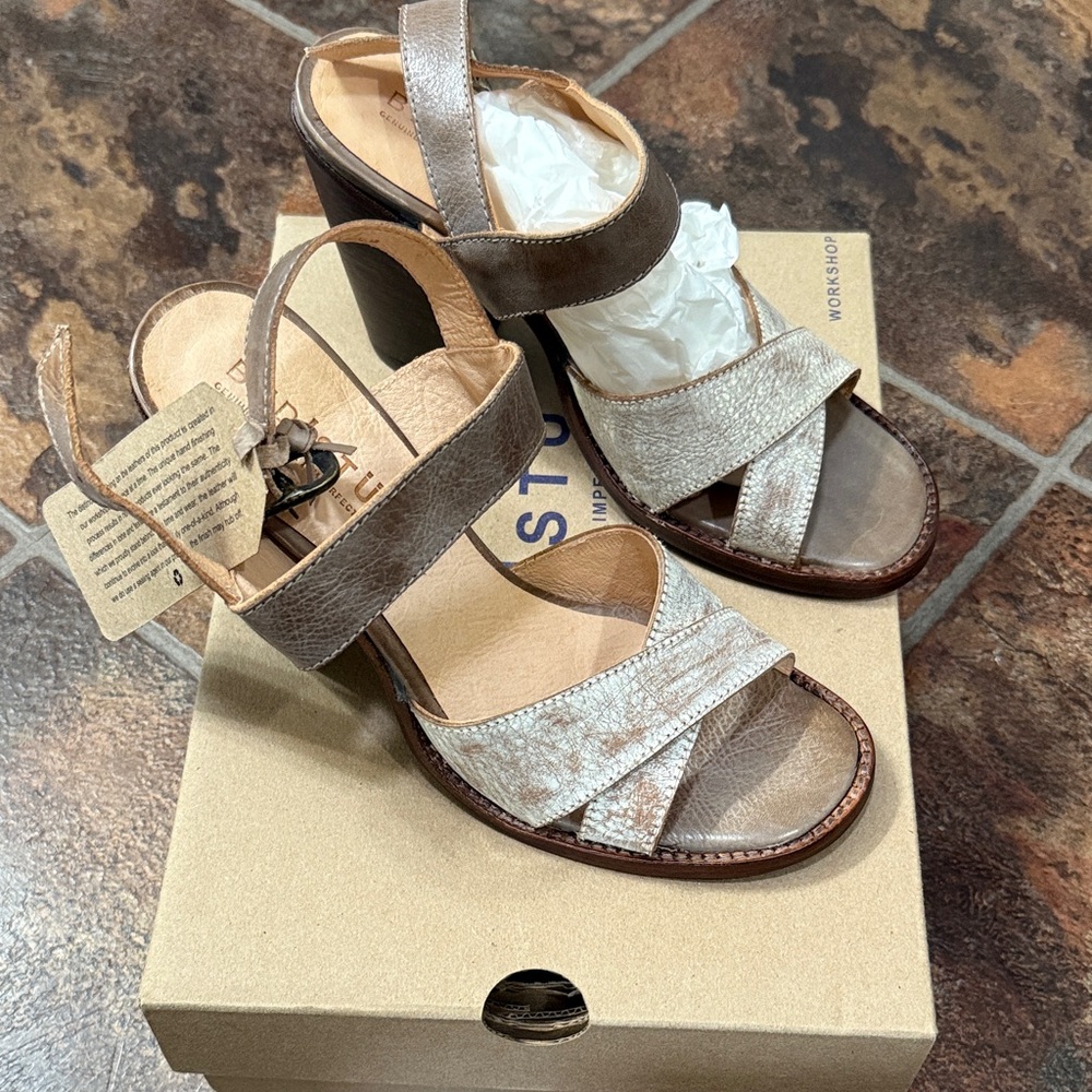 Bed Stu Metallic Taupe & Silver Leather Block Heel Sandals